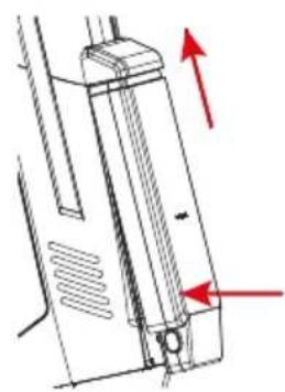 Technical line drawing of a mechanical component with red arrows indicating direction (no text or symbols)
