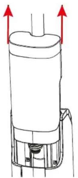 Technical line drawing of a mechanical component with two red arrows indicating upward motion (no text or symbols)