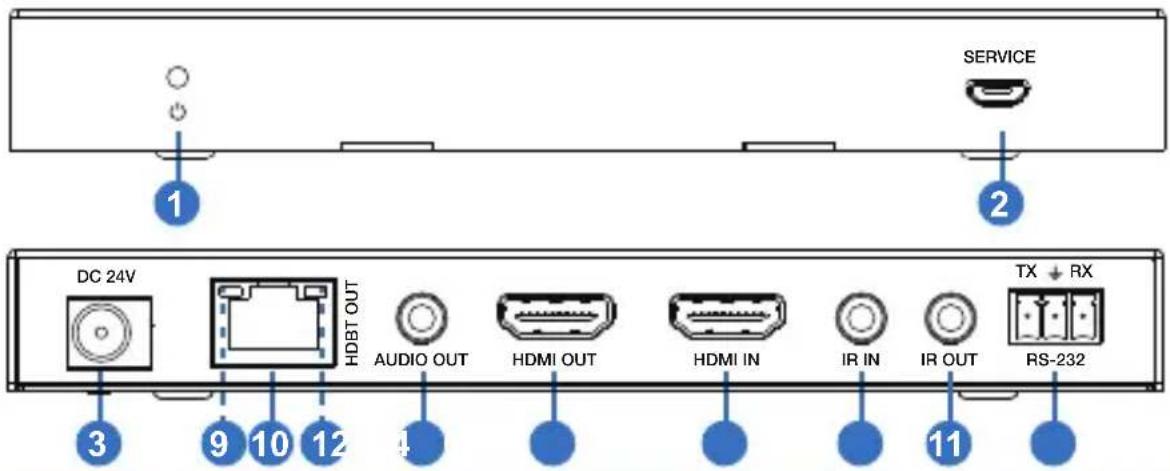 SERVICE 1 2 DC 24V HDBT OUT AUDIO OUT HDMI OUT HDMI IN IR IN IR OUT TX + RX RS-232 3 9 10 12 4 11