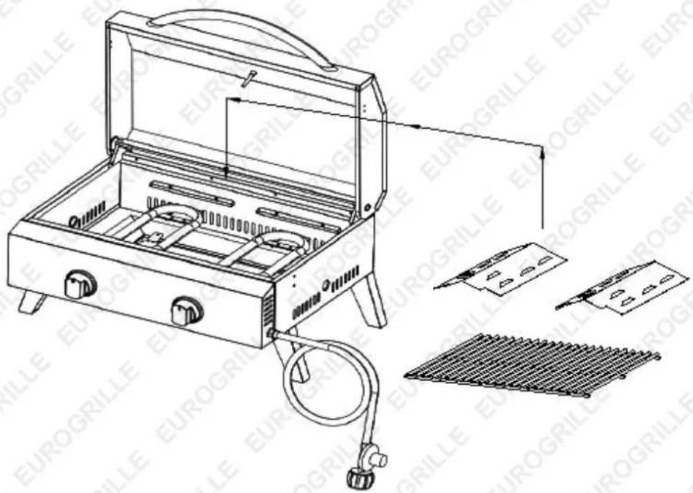Technical line drawing of a portable stove with labeled components and assembly instructions