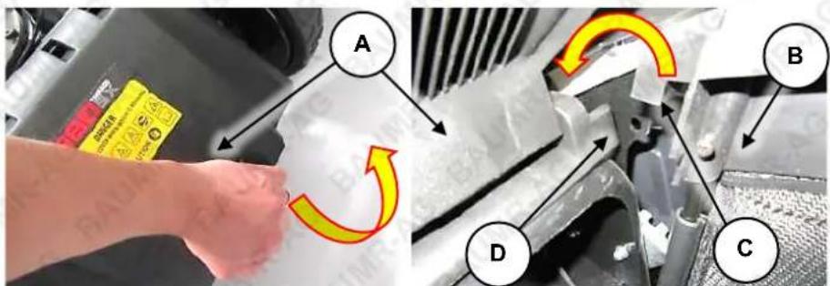 Diagram showing car exhaust components with labeled parts A, B, C, D and a hand adjusting material