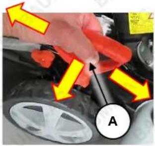Close-up photo of a car infotainment showing red arrows pointing to a component labeled 'A', with visible car wheel and battery.