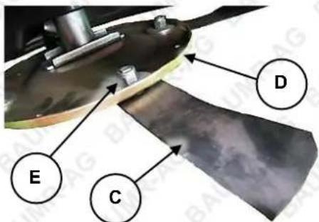 Technical diagram of a mechanical component with labeled parts E, C, and D