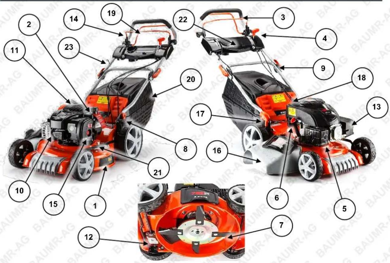 Labeled diagram of a lawn mower with numbered parts for identification and assembly reference.