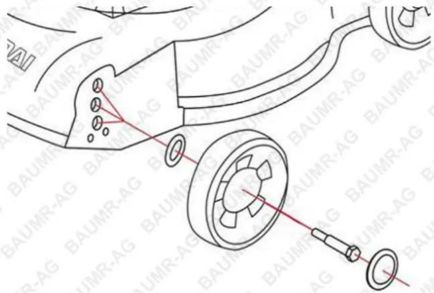 Technical diagram showing mechanical assembly with labeled components and red alignment lines