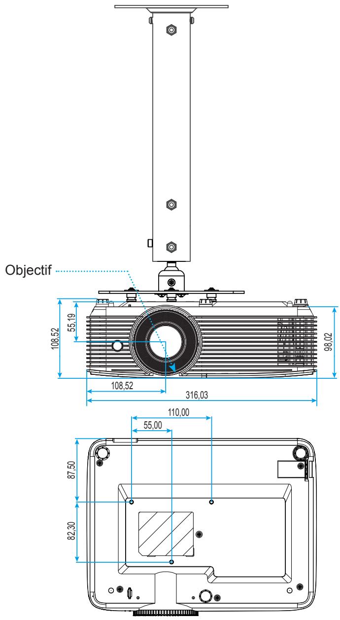 OPTOMA EH337 - Dimensions du projecteur et installation au plafond - 1