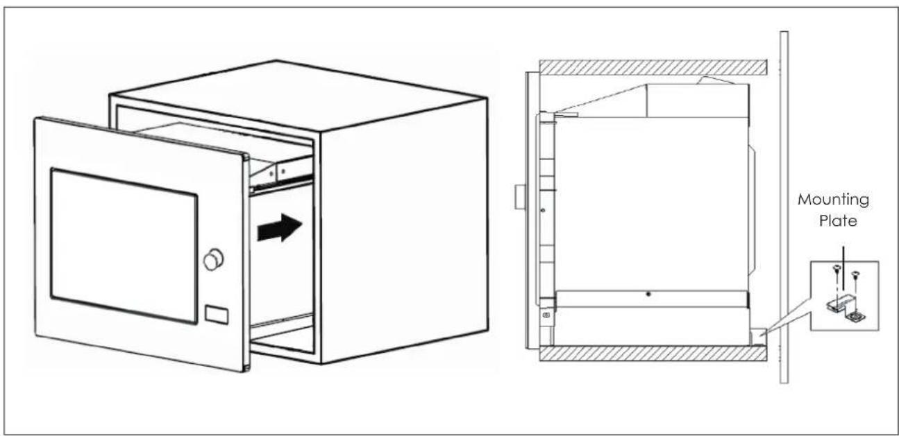 Technical diagram showing a safe with an open door and its mounting plate, labeled in English.