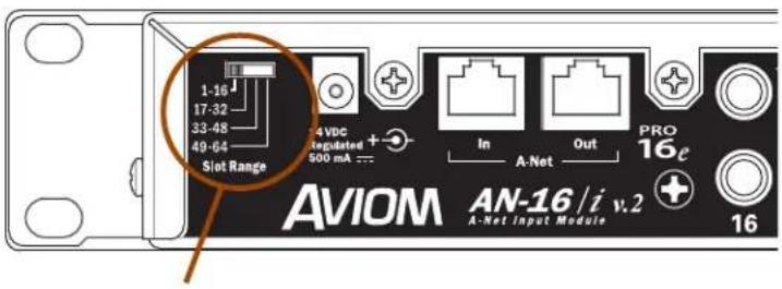 1-16 17-32 33-48 49-64 Slot Range 4VDC Regulated 500 mA In A-Net Out PRO 16e AVIOM AN-16/i v.2 A-Net input Module 16