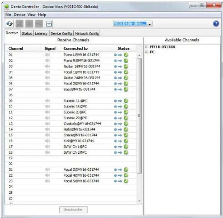 Dante Controller - Device View (Y001D400-0b5dda) File Device View Help Y001D400-0b5dd Receive Status Latency Device Config Network Config Receive Channels Available Channels Channel Signal Connected to Status 01 Piano L@MY16-031744 → ✓ 02 Piano R@MY16-031744 → ✓ 03 Guitar 1@MY16-031744 → ✓ 04 Vocal 1@MY16-031744 → ✓ 05 Guitar 2@MY16-031744 → ✓ 06 Vocal 2@MY16-031744 → ✓ 07 Bass@MY16-031744 → ✓ 08 09 Submix 1L@PC → ✓ 10 Submix 1R@PC → ✓ 11 Submix 2L@PC → ✓ 12 Submix 2R@PC → ✓ 13 Cymbals@MY16-031744 → ✓ 14 Hats@MY16-031744 → ✓ 15 Snare@MY16-031744 → ✓ 16 Kids@MY16-031744 → ✓ 17 DAW Ch 1@PC → ✓ 18 DAW Ch 2@PC → ✓ 19 20 21 Vocal 3@MY16-031744 → ✓ 22 Vocal 4@MY16-031744 → ✓ 23 Vocal 5@MY16-031744 → ✓ 24 25 26 Unsubscribe