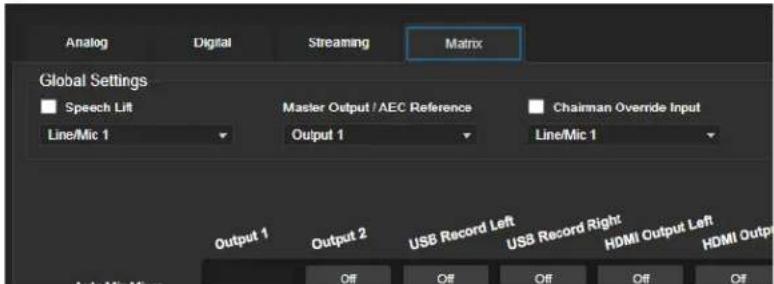 Analog Digital Streaming Matrix Global Settings Speech Lift Master Output / AEC Reference Chairman Override Input Line/Mic 1 Output 1 Line/Mic 1 Output 1 Output 2 USB Record Left USB Record Right HDMI Output Left HDMI Output Off Off Off Off Off