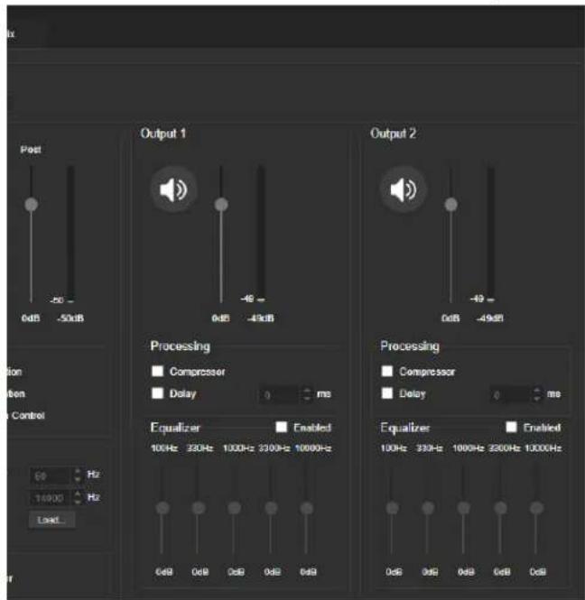 Post -20 - -50dB Output 1 -46 - -49dB Output 2 -49 - -49dB Processing Compressor Delay 0 ms Equalizer Enabled 100Hz 230Hz 1000Hz 2300Hz 10000Hz Processing Compressor Delay 0 ms Equalizer Enabled 100Hz 230Hz 1000Hz 2300Hz 10000Hz Load... 0 Hz 18000 Hz Cdd