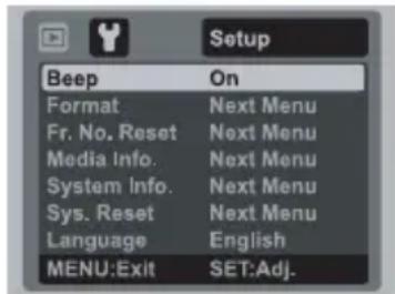 Setup Beep On Format Next Menu Fr. No. Reset Next Menu Media Info. Next Menu System Info. Next Menu Sys. Reset Next Menu Language English MENU:Exit SET:Adj.