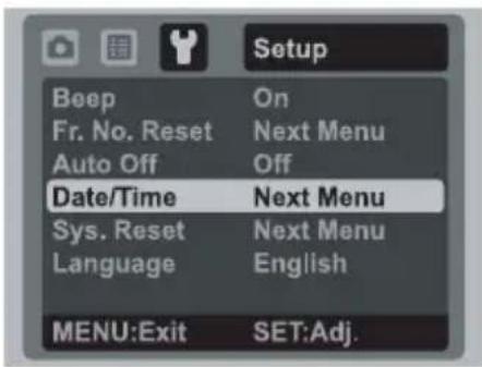 Setup Beep On Fr. No. Reset Next Menu Auto Off Off Date/Time Next Menu Sys. Reset Next Menu Language English MENU:Exit SET:Adj.