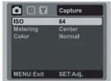 Capture ISO 64 Metering Center Color Normal MENU:Exit SET:Adj.