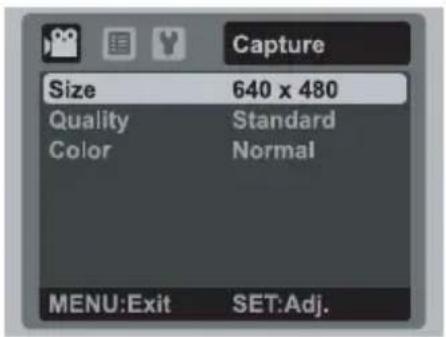 Capture Size 640 x 480 Quality Standard Color Normal MENU:Exit SET:Adj.