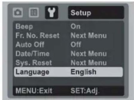 Setup Beep On Fr. No. Reset Next Menu Auto Off Off Date/Time Next Menu Sys. Reset Next Menu Language English MENU:Exit SET:Adj.
