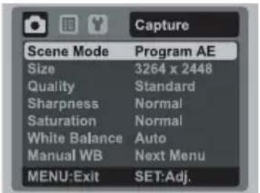 Capture Scene Mode Program AE Size 3264 x 2448 Quality Standard Sharpness Normal Saturation Normal White Balance Auto Manual WB Next Menu MENU:Exit SET:Adj.
