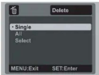 Delete • Single All Select MENU:Exit SET:Enter