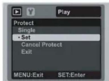 Play Protect Single • Set Cancel Protect Exit MENU:Exit SET:Enter