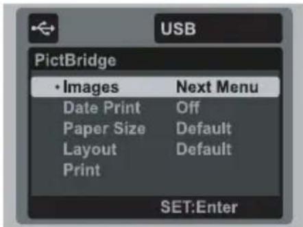 USB PictBridge • Images Next Menu Date Print Off Paper Size Default Layout Default Print SET:Enter