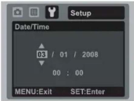 Setup Date/Time 03 / 01 / 2008 00 : 00 MENU:Exit SET:Enter