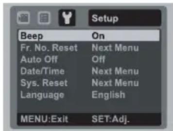 Setup Beep On Fr. No. Reset Next Menu Auto Off Off Date/Time Next Menu Sys. Reset Next Menu Language English MENU:Exit SET:Adj.