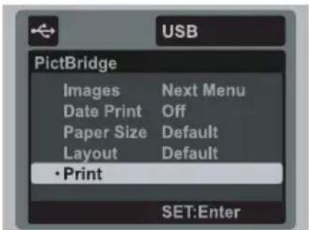 USB PictBridge Images Next Menu Date Print Off Paper Size Default Layout Default • Print SET:Enter