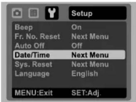 Setup Beep On Fr. No. Reset Next Menu Auto Off Off Date/Time Next Menu Sys. Reset Next Menu Language English MENU:Exit SET:Adj.