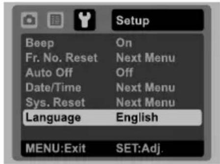 Setup Beep On Fr. No. Reset Next Menu Auto Off Off Date/Time Next Menu Sys. Reset Next Menu Language English MENU:Exit SET:Adj.