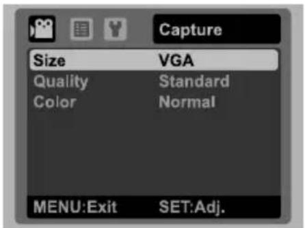 Capture Size VGA Quality Standard Color Normal MENU:Exit SET:Adj.
