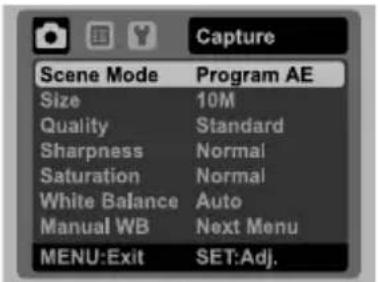 Capture Scene Mode Program AE Size 10M Quality Standard Sharpness Normal Saturation Normal White Balance Auto Manual WB Next Menu MENU:Exit SET:Adj.