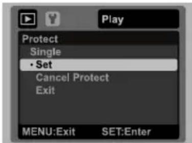 Play Protect Single • Set Cancel Protect Exit MENU:Exit SET:Enter