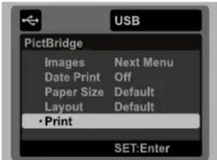 USB PictBridge Images Next Menu Date Print Off Paper Size Default Layout Default • Print SET:Enter