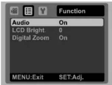 Function Audio On LCD Bright. 0 Digital Zoom On MENU:Exit SET:Adj.
