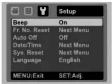 Setup Beep On Fr. No. Reset Next Menu Auto Off Off Date/Time Next Menu Sys. Reset Next Menu Language English MENU:Exit SET:Adj.