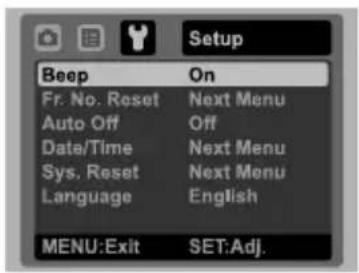 Setup Beep On Fr. No. Reset Next Menu Auto Off Off Data/Time Next Menu Sys. Reset Next Menu Language English MENU:Exit SET:Adj.