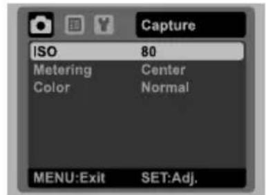 Capture ISO 80 Metering Center Color Normal MENU:Exit SET:Adj.