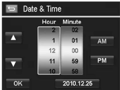 Date & Time Hour Minute 2 02 1 01 12 00 11 59 10 58 OK 2010.12.25 AM PM