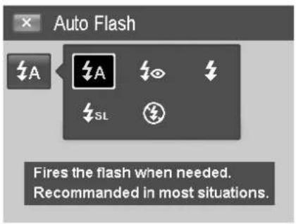 Auto Flash A SL Fires the flash when needed. Recommended in most situations.