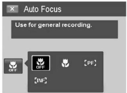 Auto Focus Use for general recording. OFF OFF [PF] INF