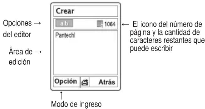 Opciones → del editor Área de → edición Crear a b 1064 Pantechl Opción Atrás Modo de ingreso El icono del número de página y la cantidad de caracteres restantes que puede escribir