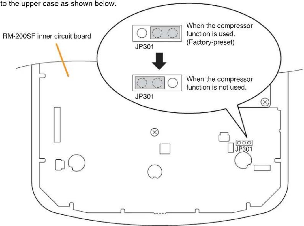 to the upper case as shown below. RM-200SF inner circuit board JP301 When the compressor function is used. (Factory-preset) JP301 When the compressor function is not used. JP301