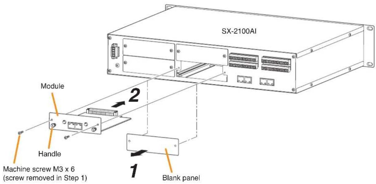 SX-2100AI Module Handle Machine screw M3 x 6 (screw removed in Step 1) Blank panel 1 2