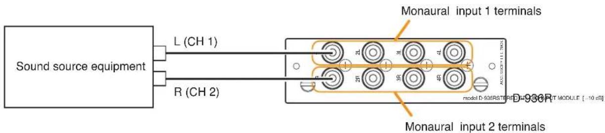 Sound source equipment L (CH 1) R (CH 2) Monaural input 1 terminals Monaural input 2 terminals model D-936RST/RED-D-936RUT MODULE [-10 dB]