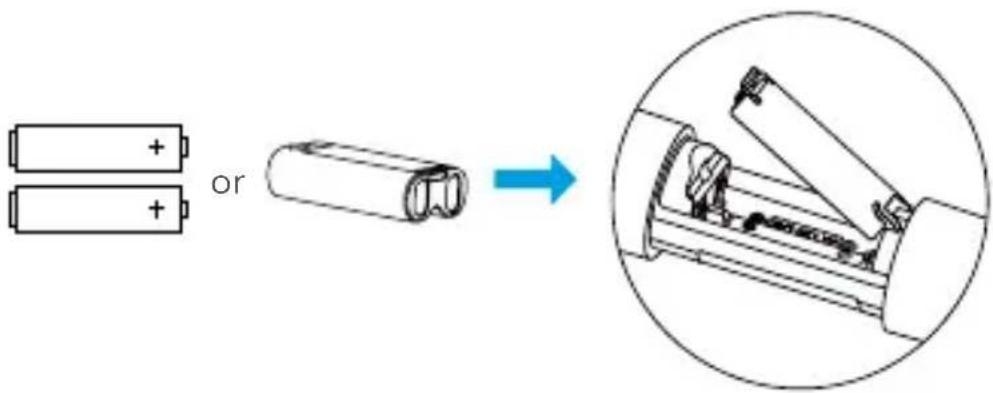Diagram showing battery assembly process with two batteries and a magnified view of internal components
