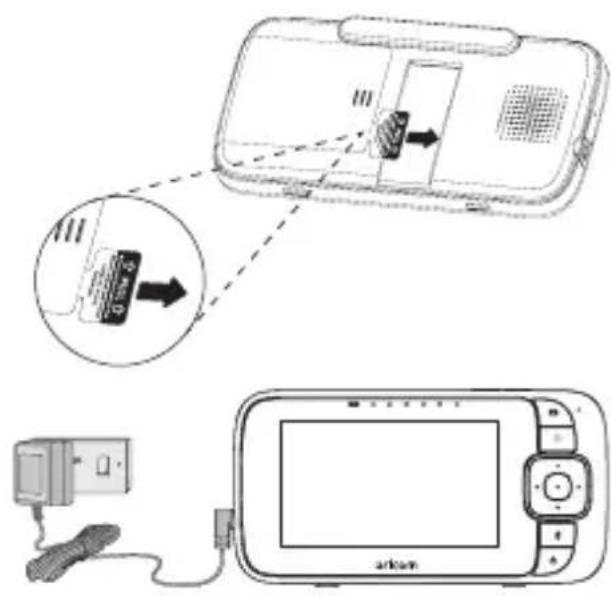 Diagram showing a device connected to an AR camera via cable, with a magnified inset highlighting the internal components.
