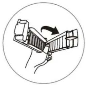 Diagram of a mechanical device with a rotating lever and handle, enclosed in a circle (no text or symbols)