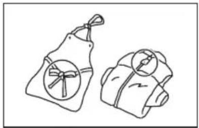 Line drawing of two fabric bags with circular designs and ribbon handles (no text or symbols)