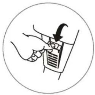 Illustration of a hand inserting a card into a device, enclosed in a circle (no text or symbols)