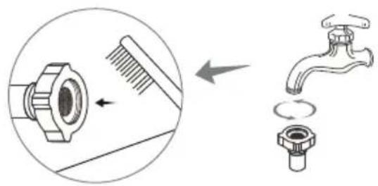 Diagram showing a mechanical component being processed by a faucet, with no text or symbols present.